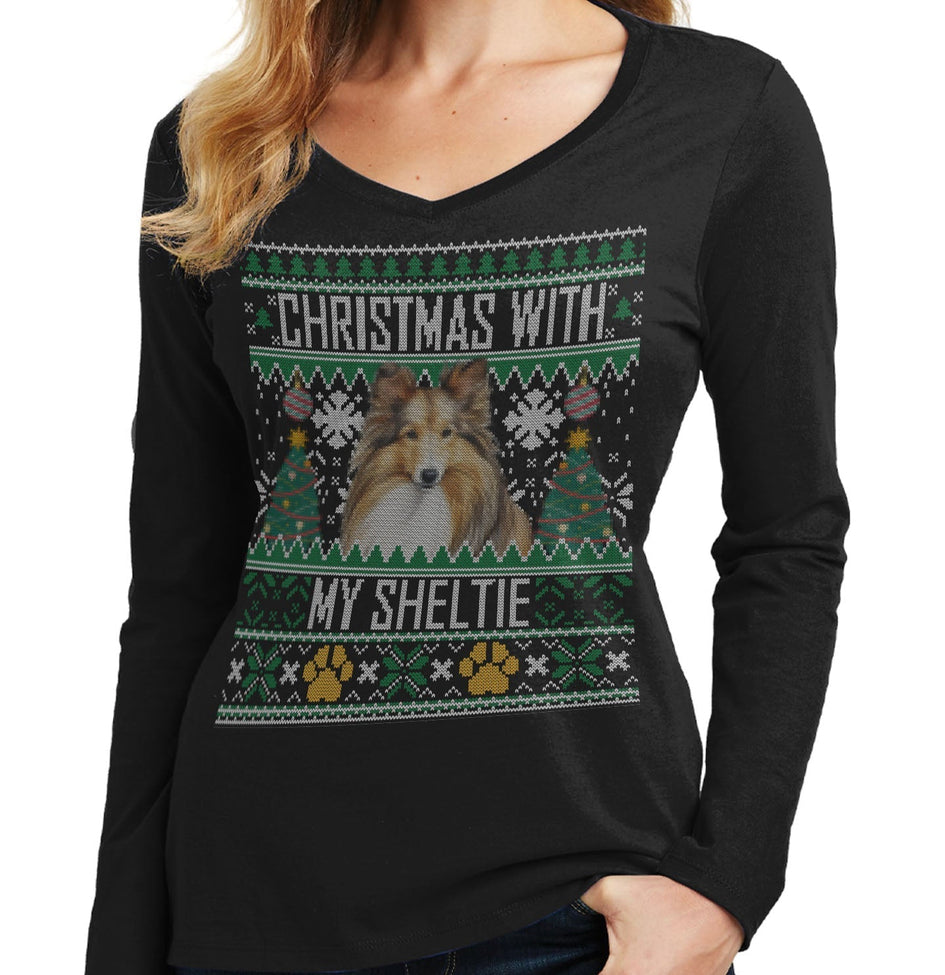 Ugly Christmas Sweater with My Shetland Sheepdog - Women's V-Neck Long Sleeve T-Shirt