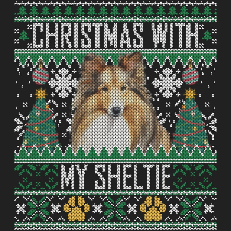 Ugly Sweater Christmas with My Shetland Sheepdog - Women's V-Neck Long Sleeve T-Shirt