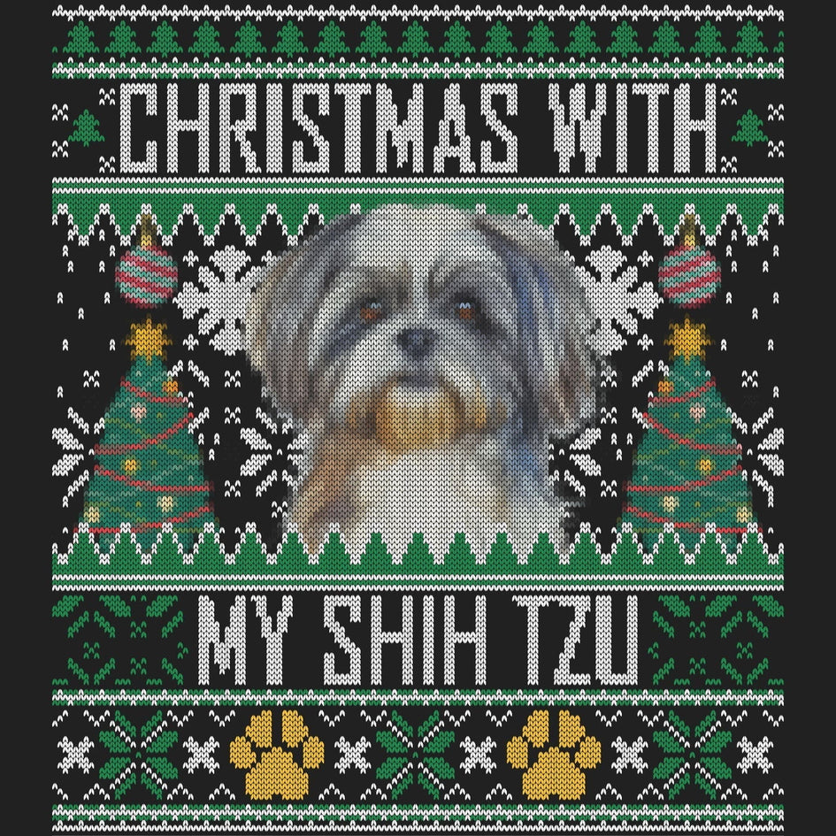 Ugly Sweater Christmas with My Shih Tzu - Women's V-Neck Long Sleeve T-Shirt