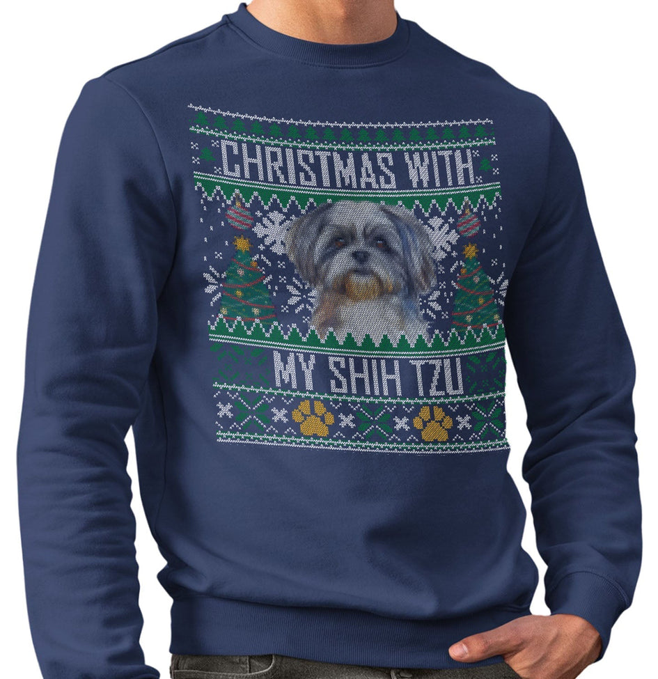 Ugly Sweater Christmas with My Shih Tzu - Adult Unisex Crewneck Sweatshirt