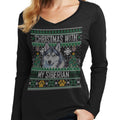 Ugly Christmas Sweater with My Siberian Husky - Women's V-Neck Long Sleeve T-Shirt