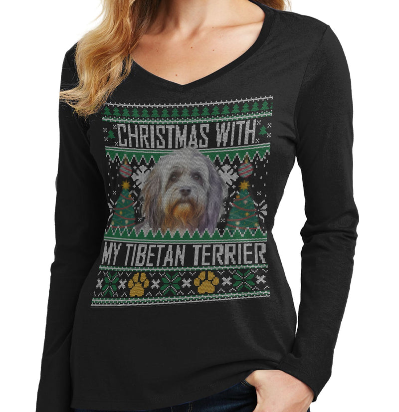 Ugly Christmas Sweater with My Tibetan Terrier - Women's V-Neck Long Sleeve T-Shirt