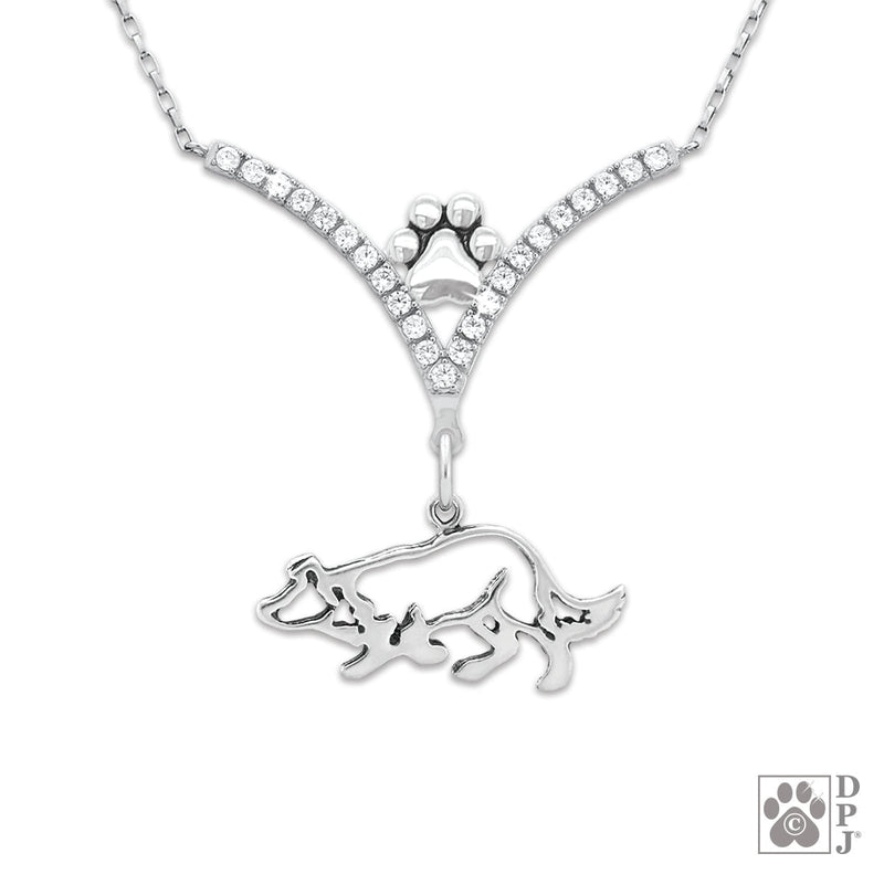 Border Collie Small Crouch VIP CZ Necklace, Body