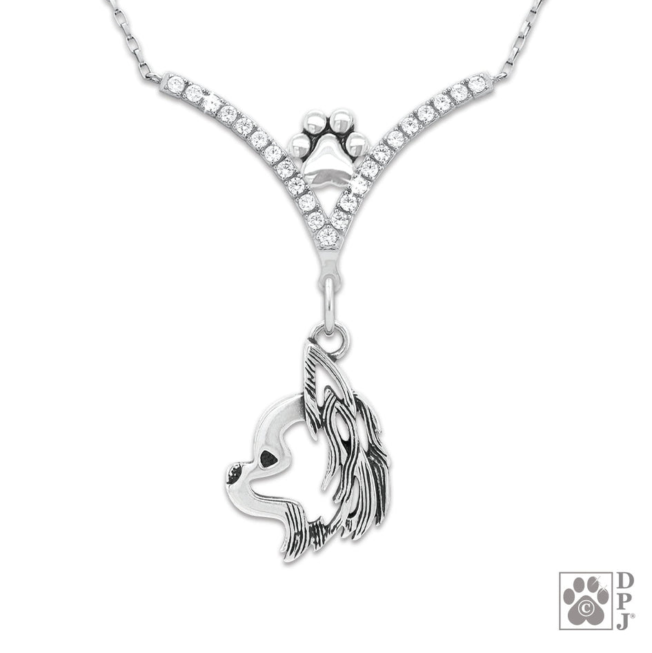 Chihuahua Longhaired VIP  CZ Necklace, Head