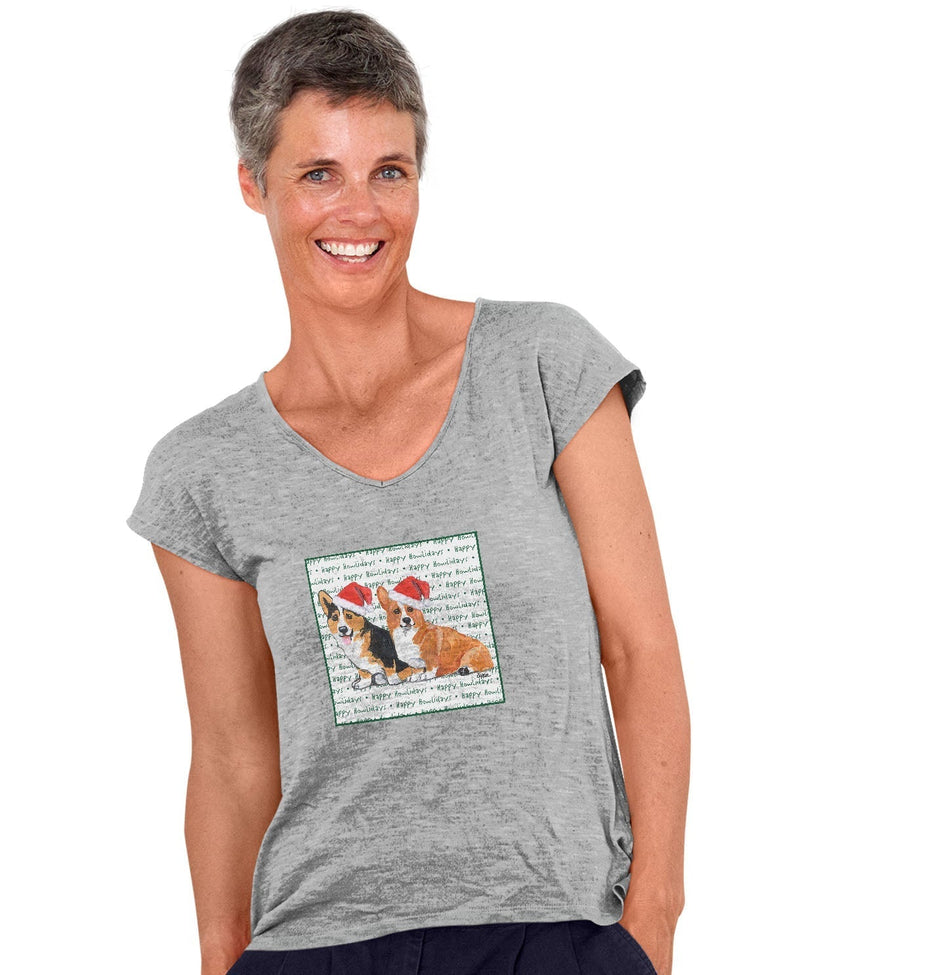 Pembroke Welsh Corgi Pair Happy Howlidays Text - Women's V-Neck T-Shirt