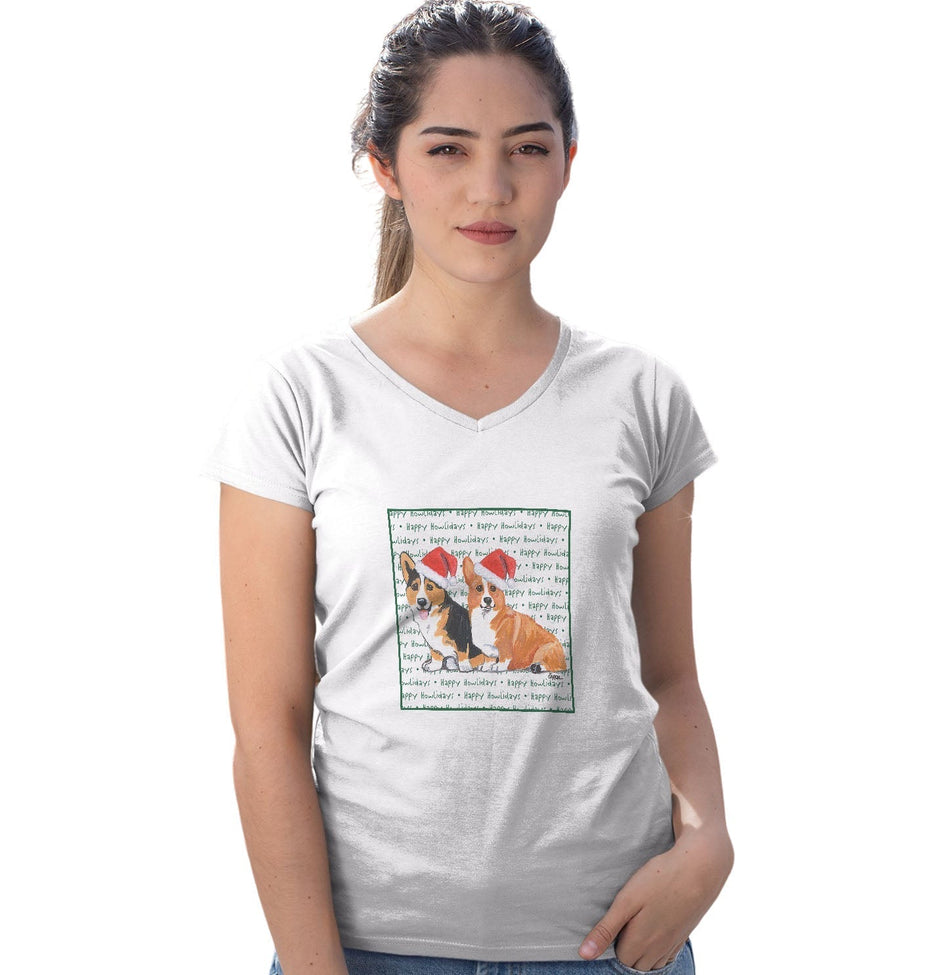 Pembroke Welsh Corgi Pair Happy Howlidays Text - Women's V-Neck T-Shirt