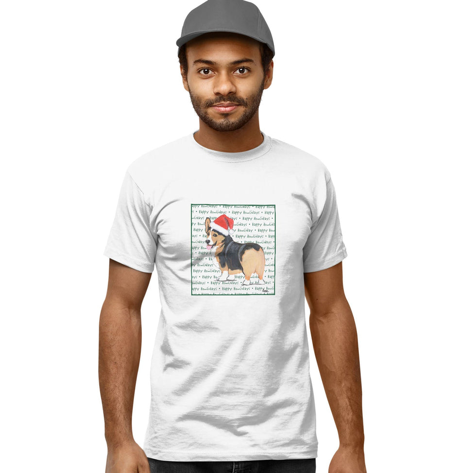 Pembroke Welsh Corgi (Tri-Color) Happy Howlidays Text - Adult Unisex T-Shirt