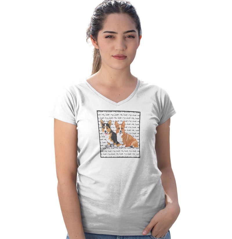 Two Corgi Love Text - Women's V-Neck T-Shirt