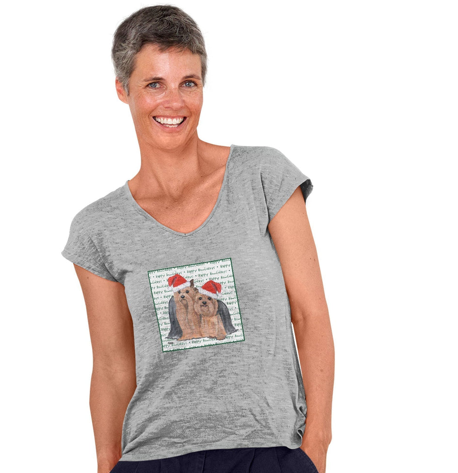 Yorkshire Terrier Pair Happy Howlidays Text - Women's V-Neck T-Shirt