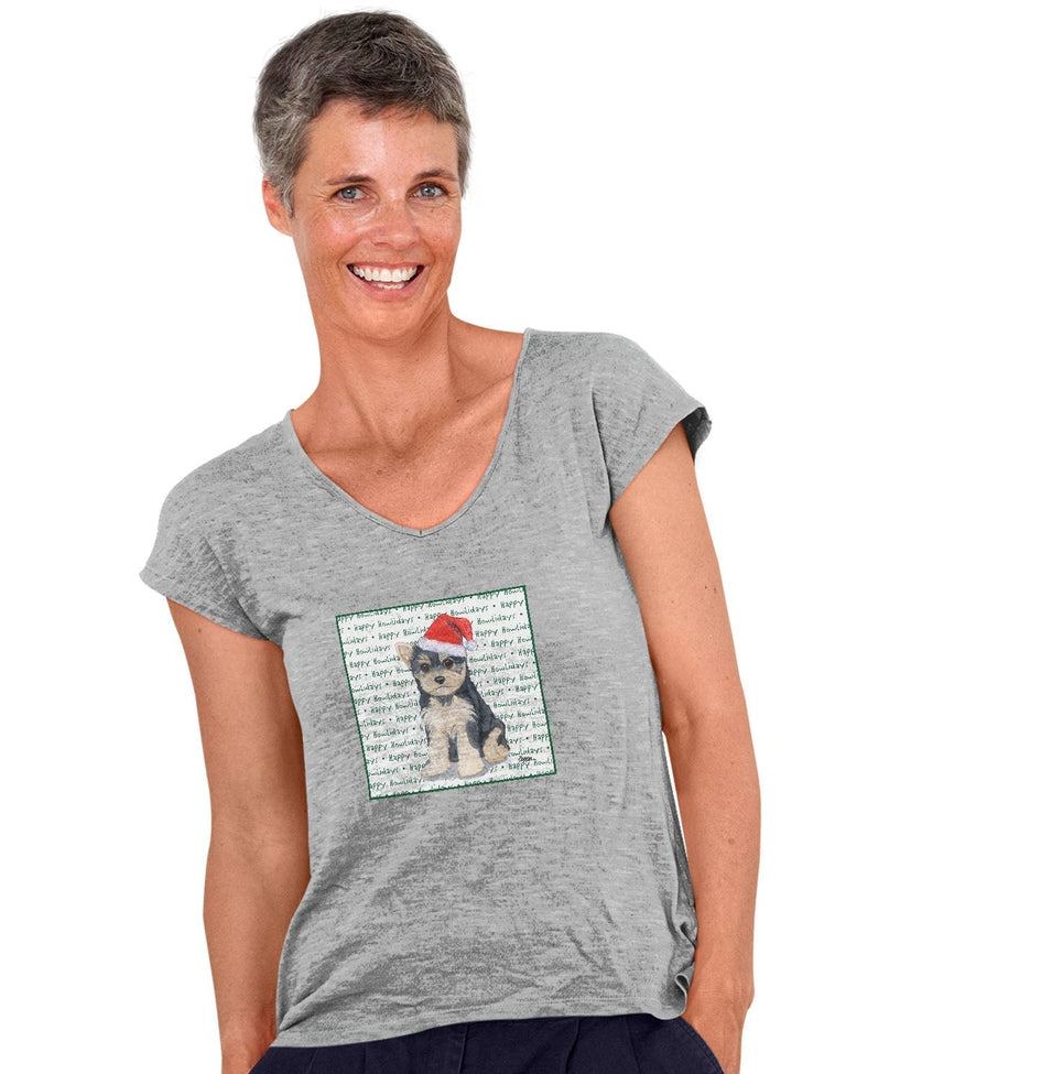 Yorkshire Terrier Puppy Happy Howlidays Text - Women's V-Neck T-Shirt