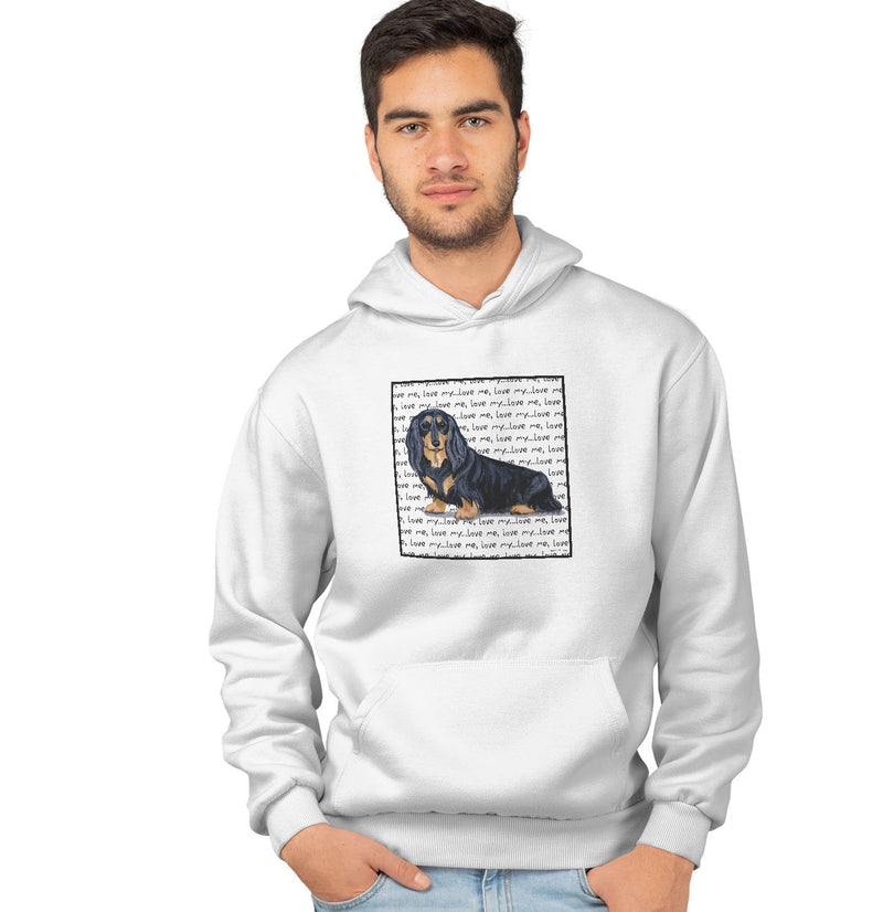 Black Longhaired Dachshund Love Text - Adult Unisex Hoodie Sweatshirt