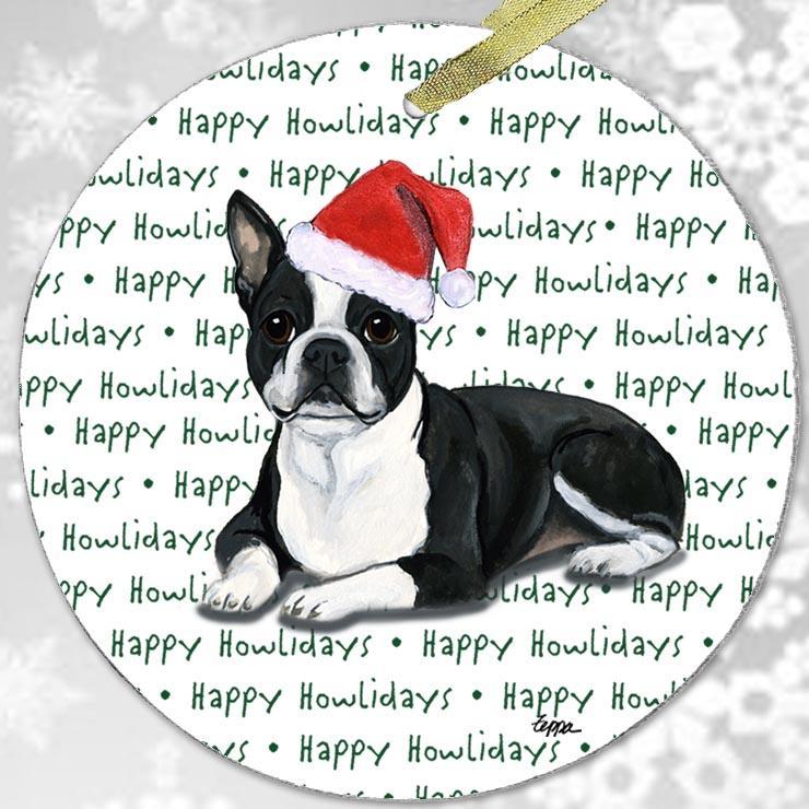 Boston Terrier, Lying Down "Happy Howlidays" Ornament