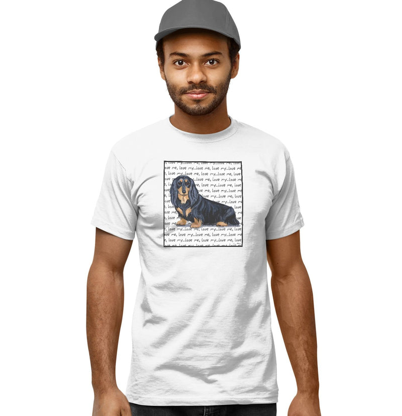 Black Longhaired Dachshund Love Text - Adult Unisex T-Shirt