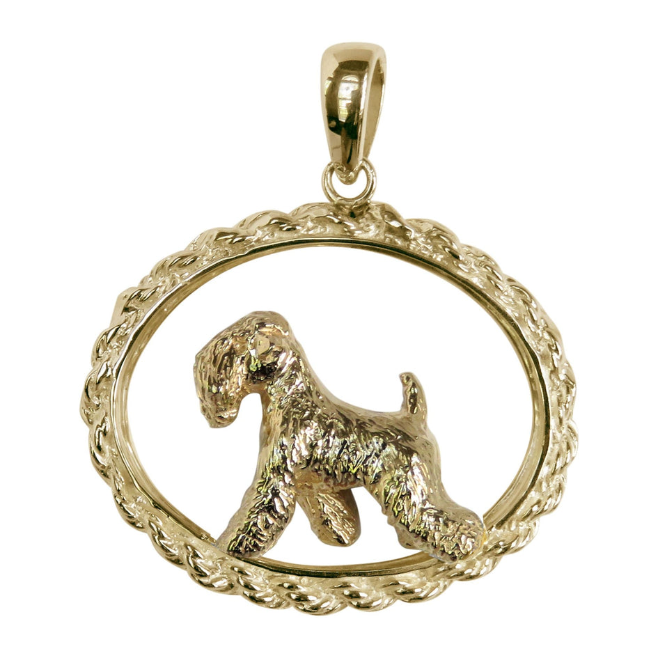 Soft Coated Wheaten in 14K Gold Oval Rope Pendant