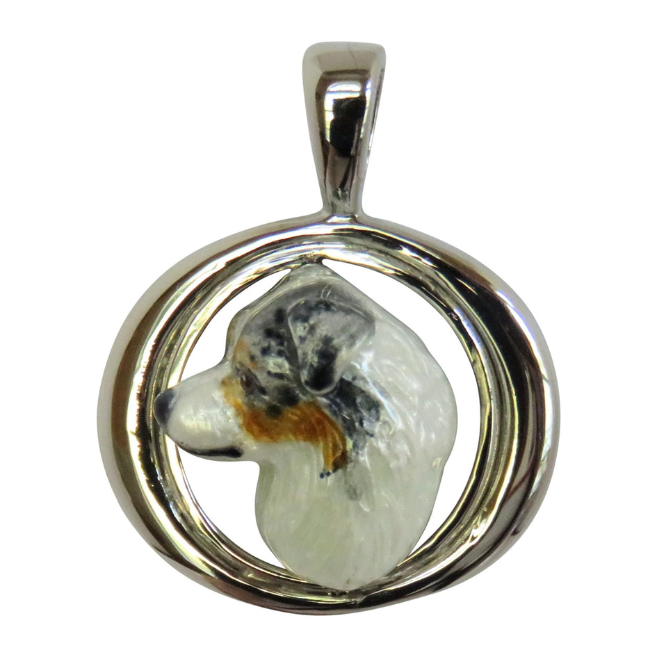 Australian Shepherd Custom Enamel  in Sterling Silver Tapered Oval Pendant