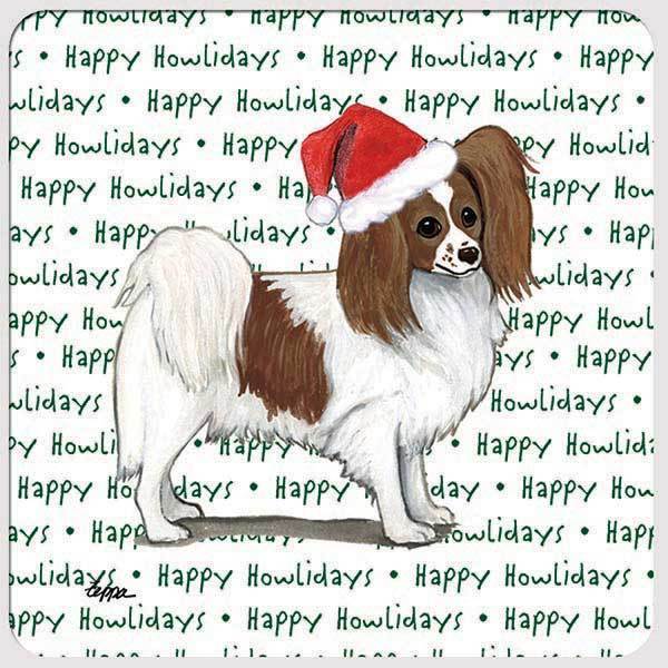Papillon, Red and White "Happy Howlidays" Coaster